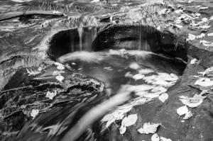 Skillet Falls Wisconsin waterfall leaves blur black and white
