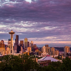 cityscape Cloud downtown kerry park landscape mount rainier mountain Seattle skyline space needle Sunset Washington
