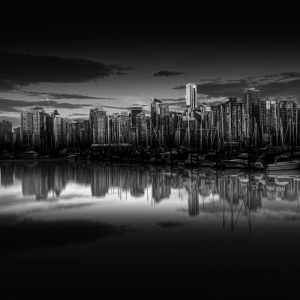 black and white City reflection skyline Vancouver